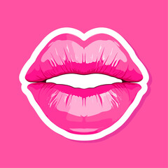 Glossy colored and sexy pink lips. Vector illustration isolated on white background. Hot girl kiss sticker lips with pink lipstick glamour barbie style