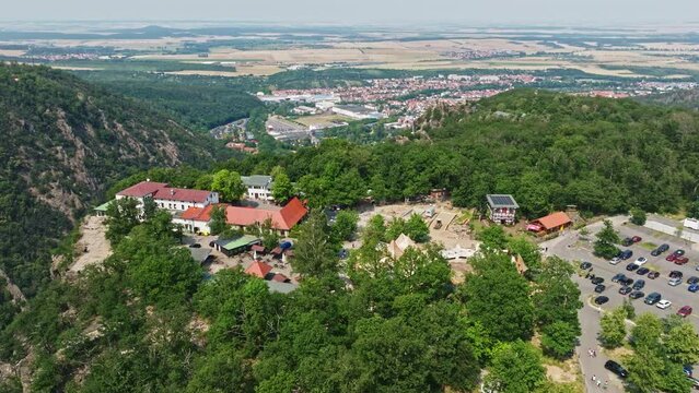 Aerial drone view of Hexentanzplatz Thale on Harz Mountain , Germany