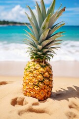 Fresh delicious pineapple on the beach. Ocean background. Close-up