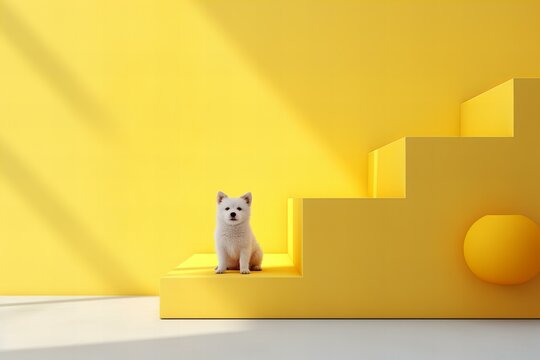 A picture of a dog sitting on a yellow staircase