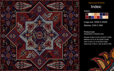¬¬Colorful carpet pattern for knitting cross stitch, carpet, rug, fabric, knitting, etc., with mosaic squares and grid guidelines. 2100 stitches. Read the index to learn the details.