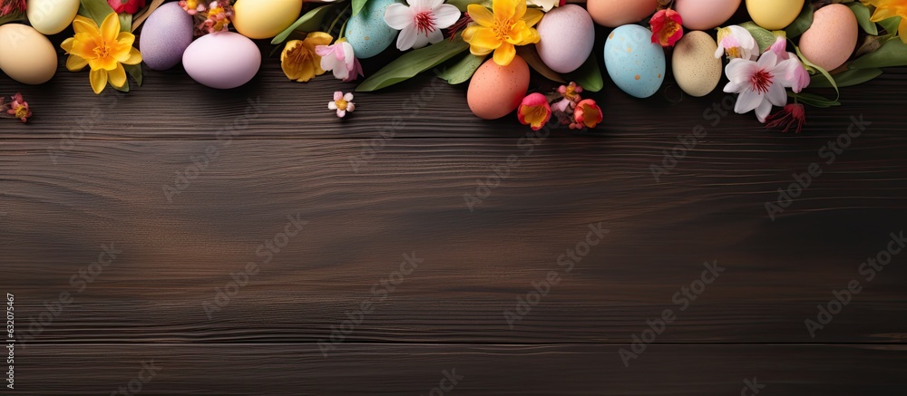 Aufkleber an easter-themed table setting with painted eggs and flowers, arranged on a wooden background. is ta