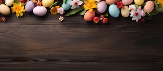 Obraz premium An Easter-themed table setting with painted eggs and flowers, arranged on a wooden background. is taken from above and offers space for text.