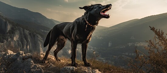 A black fawn-colored dog is standing on a hill in an exclusive location while barking. The dog is chained and is of a large size. It is guarding the area and showing protectiveness towards it. The - obrazy, fototapety, plakaty