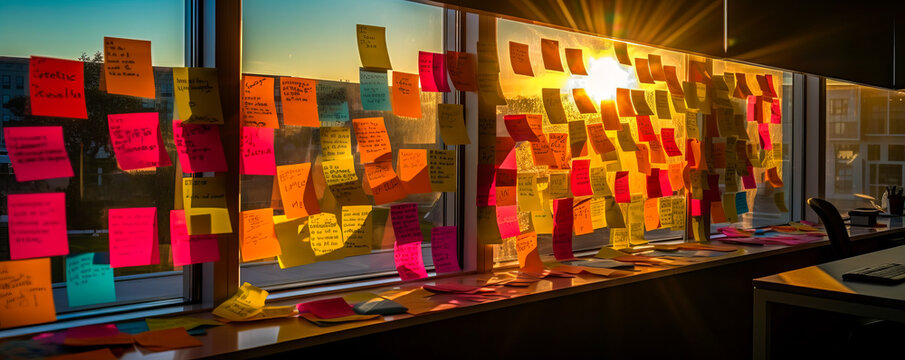 Sunlit creative workspace with colorful brainstorming session displayed on transparent glass wall via yellow sticky notes filled with innovative ideas and strategies. Generative AI