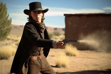 Gunslinger cowboy shooting a gun - obrazy, fototapety, plakaty