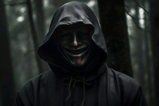 Hooded figure in the dark forest
