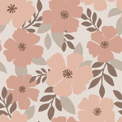 Floral seamless pattern. Peachy monochrome hand-drawn digital paper with flowers. Blossom beige, pink shades background with leaves. Floral vintage pattern with pink flowers and leaves. 