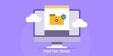 File sync with online storage, cloud computing and secure data transfer, virtual web network, computer internet technology vector illustration banner.