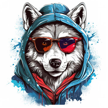 Wolf wearing hat with sunglasses. Modern street style for sticker or t-shirt design. Generative AI