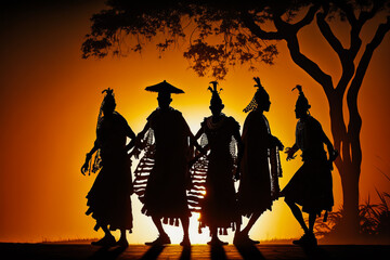 Stunning depiction of Kenyan traditional dance set against a breathtaking sunset, ideal for music festivals or cultural exchange programs promoting African traditions. Generative AI