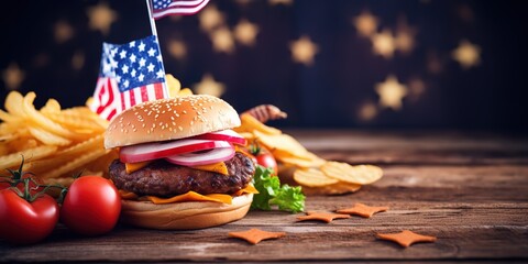 Picnic with burgers, french fries and snacks, USA summer picnic and barbecue concept.