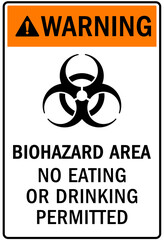 Biological hazard warning sign and labels biohazard area. no eating or drinking permitted