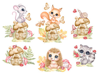 Set forest animals and mushrooms in Autumn leaves. Cute woodland baby animals. Little hedgehog, squirrel, raccoon, mouse and insects. Watercolor Hand drawing illustration. - 632078443