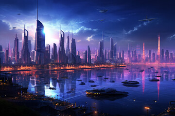 Fototapeta na wymiar Cyberpunk Technology: Futuristic City Skyline with Neon Lights. Generative AI