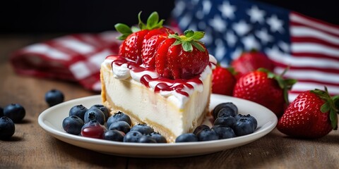 Delicious strawberry cheesecake and american patriotic breakfast table.