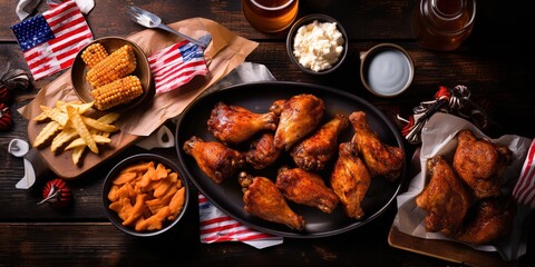 Obraz na płótnie Canvas Picnic food with chicken wings, french fries and beer decorated with American flags.