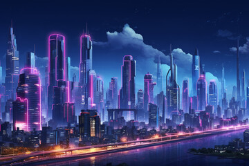 Obraz premium Cyberpunk Technology: Futuristic City Skyline with Neon Lights. Generative AI