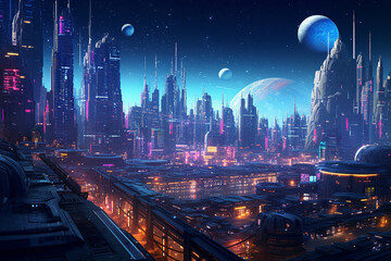 Cyberpunk Technology: Futuristic City Skyline with Neon Lights. Generative AI