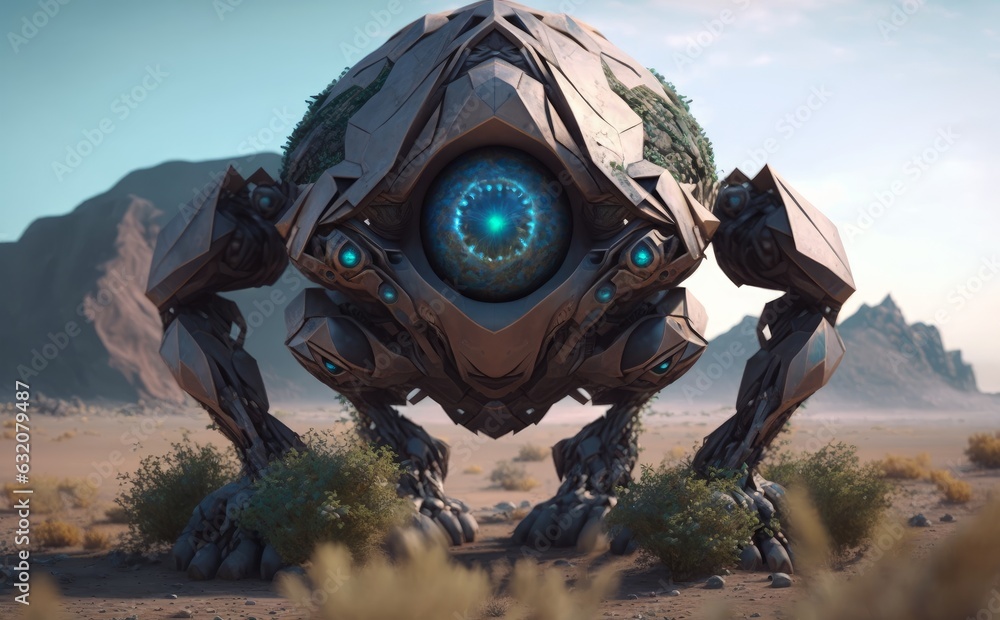 Poster a robot in the desert with mountains in the background