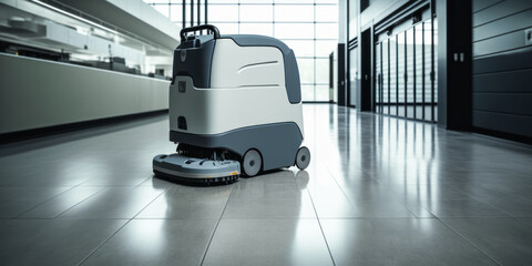 Innovative cleaning robot in action within a sleek, modern commercial space - a testament to technological progression. 
