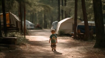 Boy walking through campsite