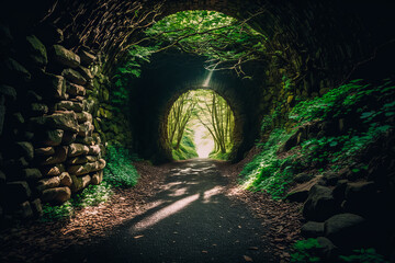 Enchanting stone tunnel in dense forest, sunbeams filtering through foliage casting speckled...