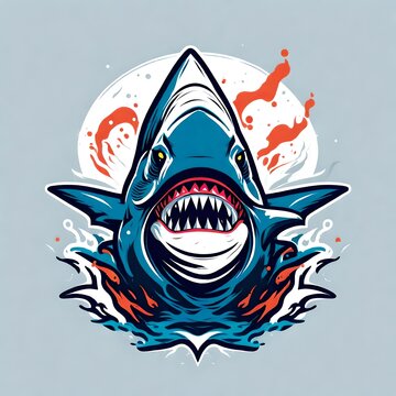 A logo for a business or sports team featuring a caricature of a shark  that is suitable for a t-shirt graphic.