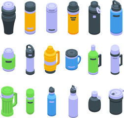 Thermos icons set isometric vector. Water steel. Thermo bottle