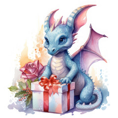 Cute blue dragon with a gift, watercolor style. Square postcard. AI generative.