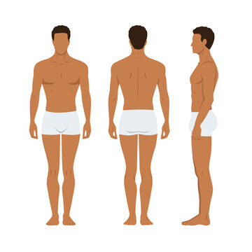 Vector illustration of three men in underwear on the white background. Flat young man. Front view man, Side view man, Back side view man