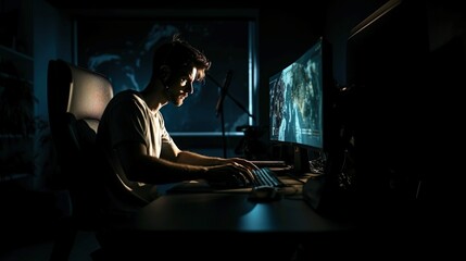 Fototapeta na wymiar man on computer setup in the dark gaming