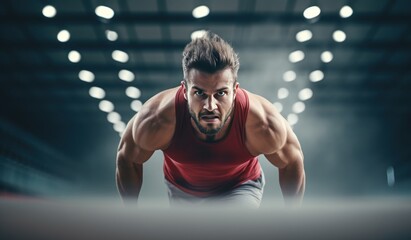 A strong athletic, man sprinter, work out at the gym on dark background wearing in the sportswear, fitness and sport motivation. Runner concept with copy space.