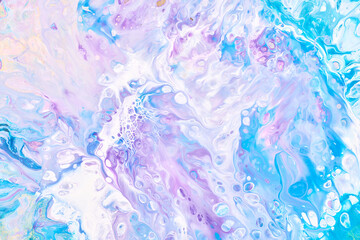 Exclusive beautiful pattern, abstract fluid art background. Flow of blending purple lilac blue paints mixing together. Blots and streaks of ink texture for print and design.