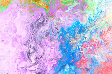 Fototapeta na wymiar Exclusive beautiful pattern, abstract fluid art background. Flow of blending multicolored paints mixing together. Blots and streaks of ink texture for print and design.