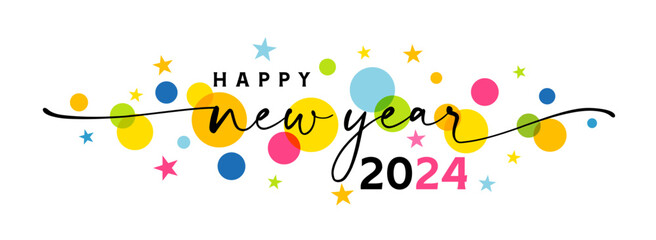 Happy new year 2024 greetings banner with swirl ribbons and star. Colorful design creative number 2024. Calendar title concept, isolated graphic icon or poster idea. Vector template