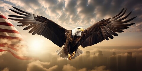 Eagle With American Flag Flying Over The Clouds