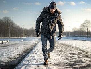 A person walking in the snow. A fictional man in winter clothes. Generative AI. - Powered by Adobe