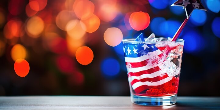 Colorful summer cocktail on bar counter over usa flag.