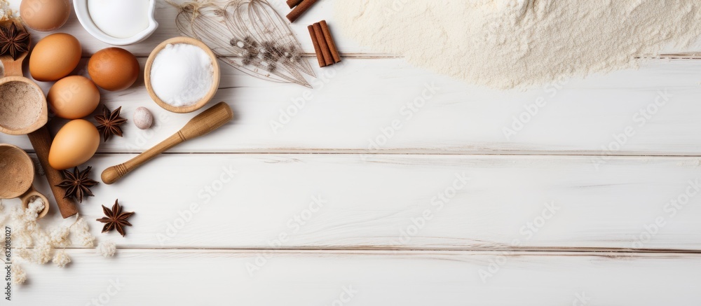 Poster baking supplies such as flour, eggs, and sugar are displayed on a light white wooden surface along w