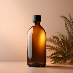 Blank amber glass cosmetics container for cream or shampoo. Cosmetics bottle mockup with leaves.