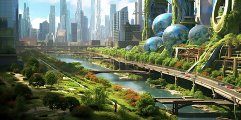 View of eco-futuristic cityscape with skyscrapers surrounded by green gardens. ESG concept.