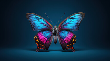 Colorful butterfly in studio lighting with wings spread, vibrant blue and pink colors, macro generative ai shot