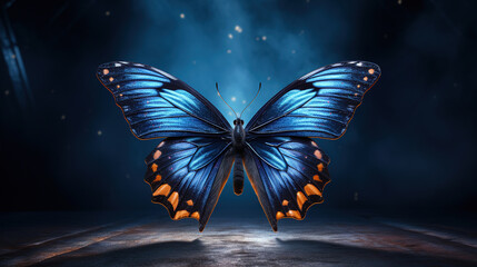 Colorful butterfly in studio lighting with wings spread, vibrant blue and orange colors, macro generative ai shot