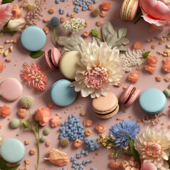Fototapeta na wymiar Colorful French Dessert Macaroons and flowers flat lay