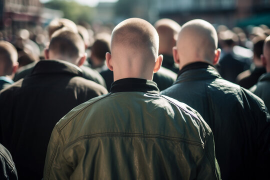 Back view of group of skinhead neo-nazis in leather jackets. 