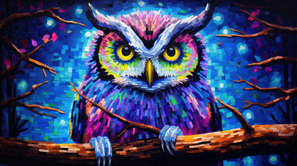 Futuristic owl in bright and not real colors.