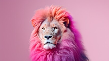 Lion with big mane on pastel pink background. Abstract portrait of a wild animal. 