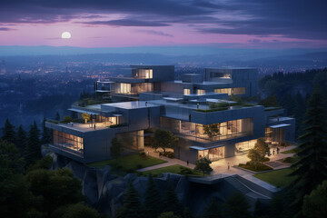 Obraz premium Photorealistic Architecture: Modern Masterpiece at Dusk. Generative AI