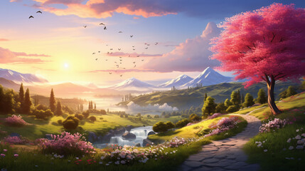 Beautiful spring morning nature background
